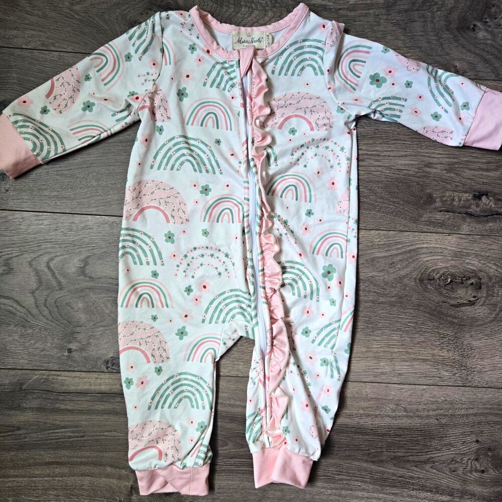Marie Nicole 6-12M Baby Girl Ruffle Zip Sleeper Romper Boho Pastel Rainbow PJS